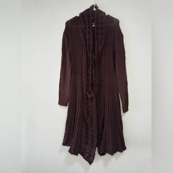 VENICE BLUE Chocolate Brown Boho Pom Pom Tie Longline Cardigan L/XL Sweater Top - Picture 4 of 16